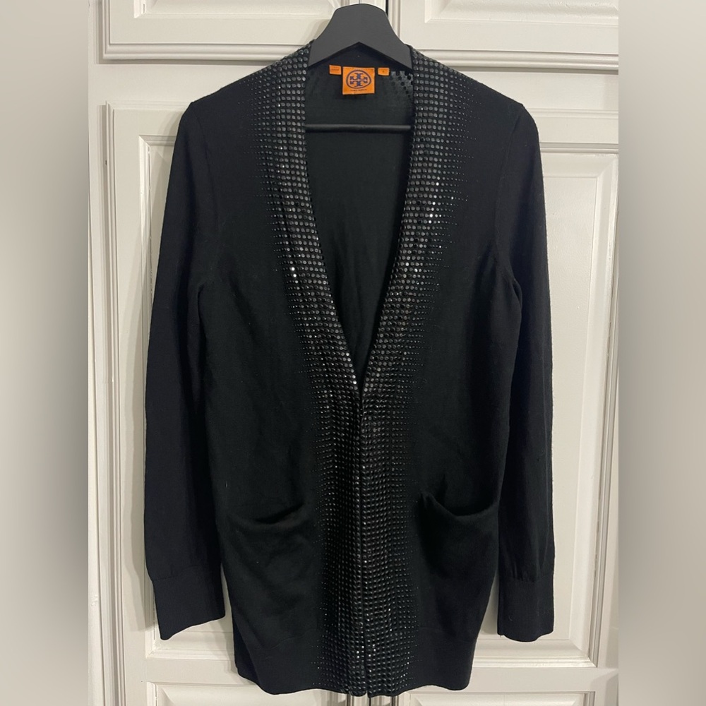 Tory Burch Women's Small Black Gaugino Cardigan Sweater Embellished Size S